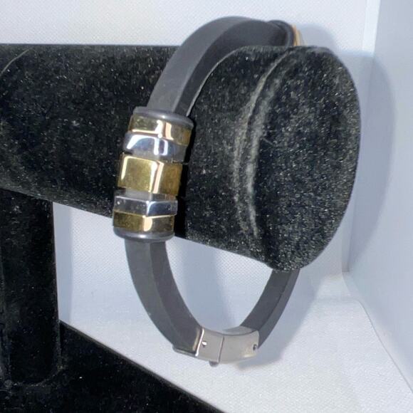 BLACK RUBBER GOLD SILVER STAINLESS STEEL BEADS CLASP BANGLE BRACELET 3” - Picture 5 of 8